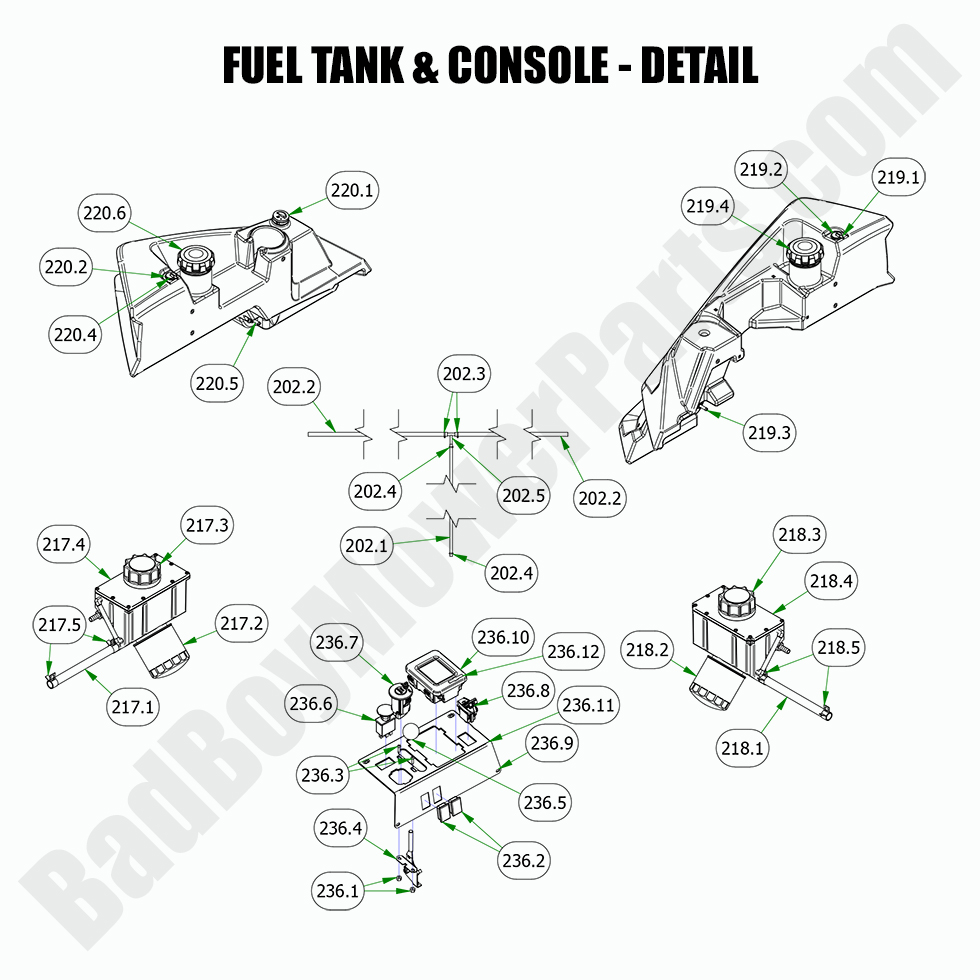 2867 - Bad Boy Mower Parts Lookup > 2022 > Renegade - Gas > Fuel Tank & Console Detail